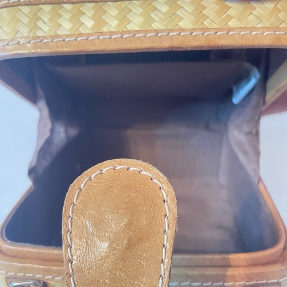 Vintage Woven Bamboo Vanity Case Leather Trim Retro Travel Makeup Bag 6x6 - Picture 7 of 10